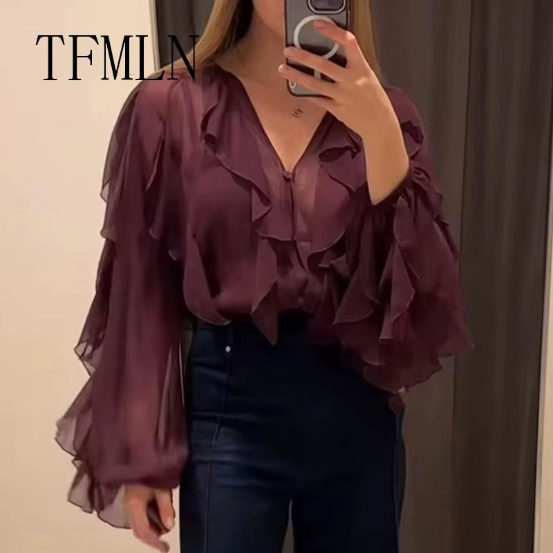 Elevate Your Spring/Summer Wardrobe with the TFMLN Women's Ruffle Blouse - Trendy Single Breasted Tiered Top Perfect for Beach Days!