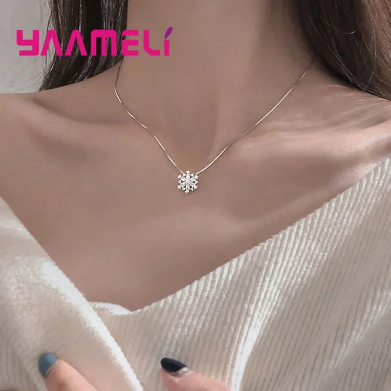 Fine 925 Sterling Silver Pendant Necklaces Shining Snowflake Crystal Zircon Necklace for Women Girls Wedding Party Jewelry Gift