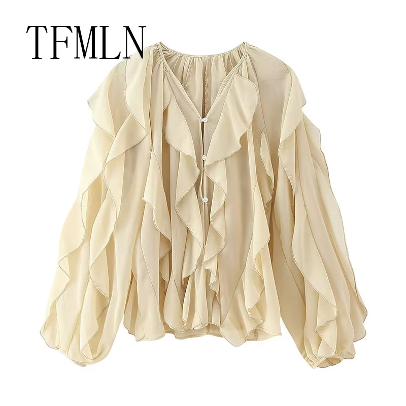 Elevate Your Spring/Summer Wardrobe with the TFMLN Women's Ruffle Blouse - Trendy Single Breasted Tiered Top Perfect for Beach Days!