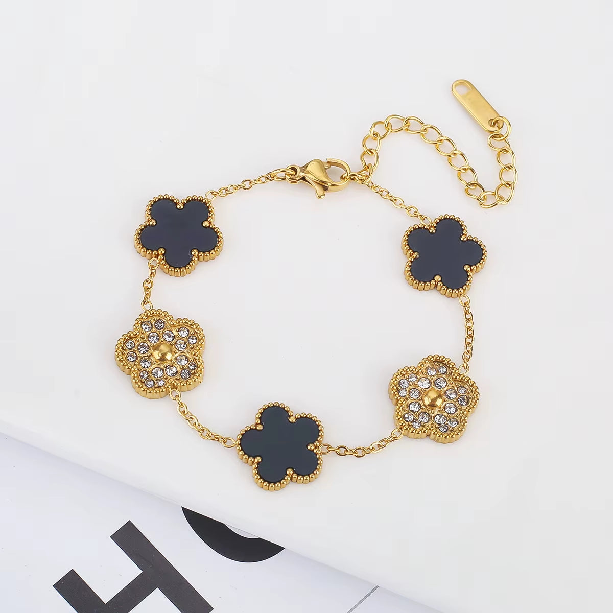 Silver-Plated Stainless Steel Women's Bracelet with Five Leaf Flower Design and Plum Blossom Accents