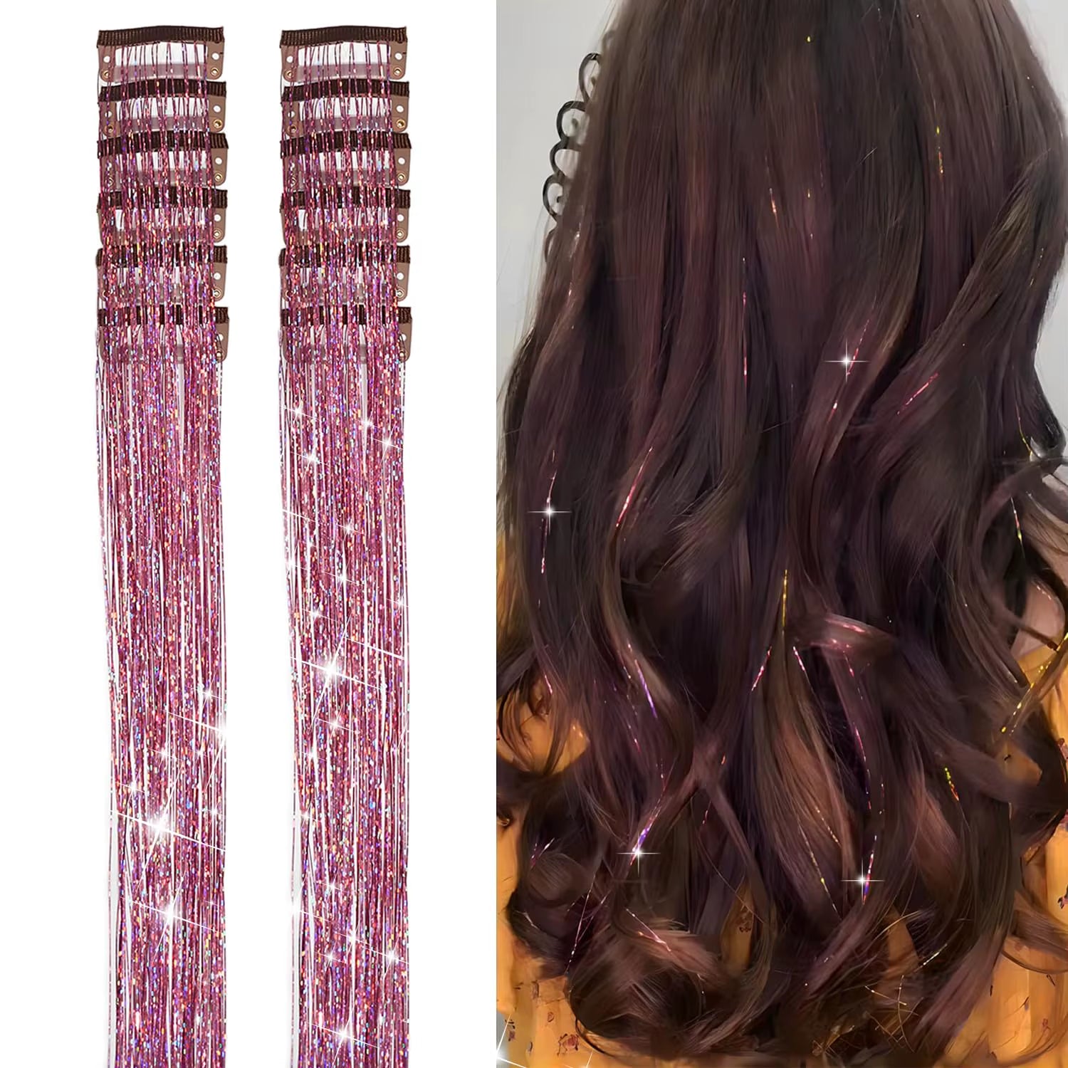 6-Piece Heat-Resistant Glitter Tinsel Hair Clip Set - 23.6 Inch Shiny Synthetic Fairy Hair Extensions