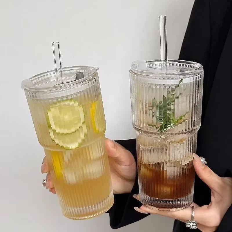600ML Transparent Stripe Glass Coffee Cup with Lid and Straw 