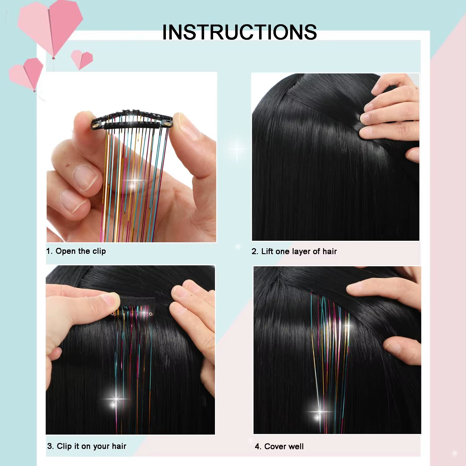 6-Piece Heat-Resistant Glitter Tinsel Hair Clip Set - 23.6 Inch Shiny Synthetic Fairy Hair Extensions