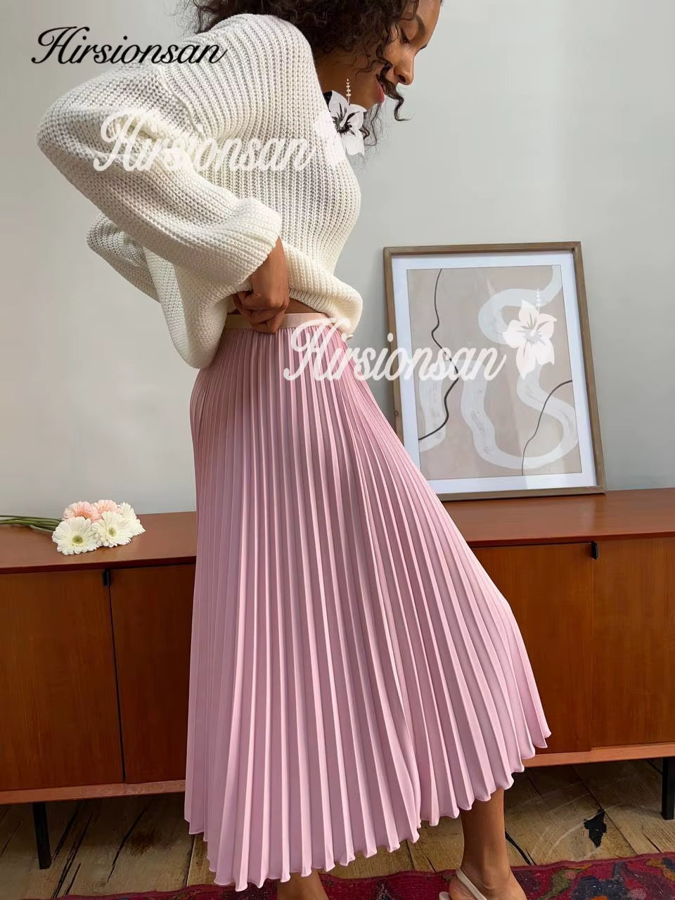 Women's Pleated Midi Skirt - 2023 Autumn Korean Fashion Vintage A-Line Design