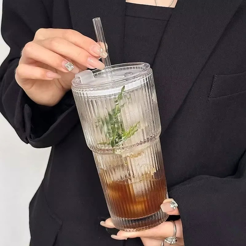 600ML Transparent Stripe Glass Coffee Cup with Lid and Straw 