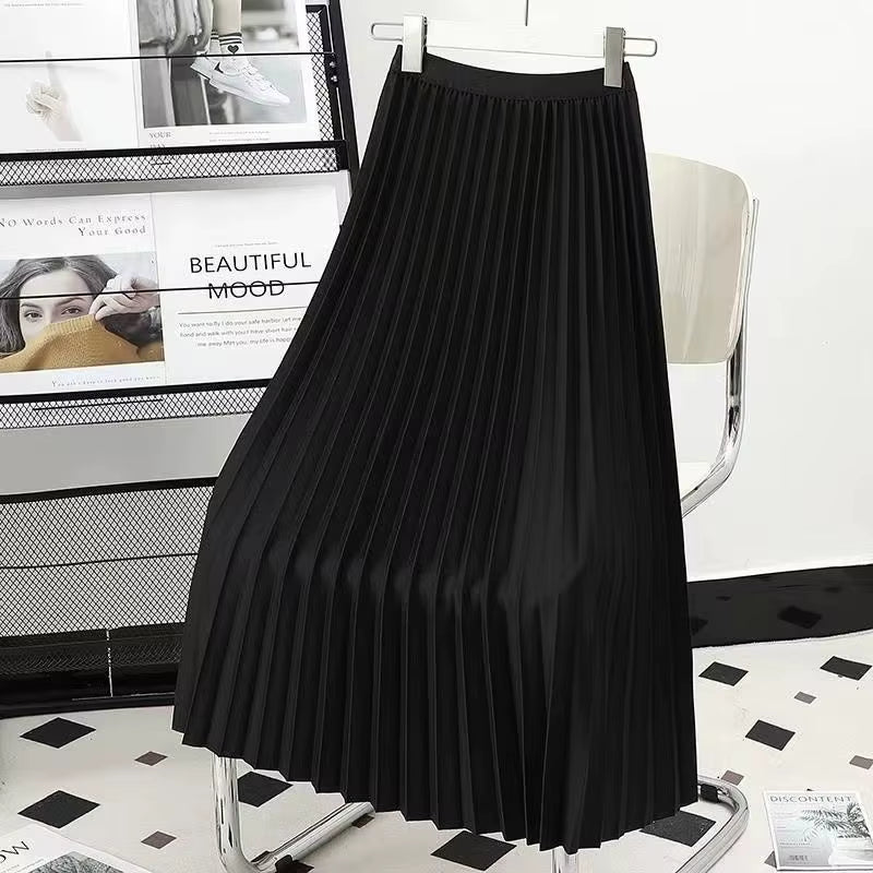 Women's Pleated Midi Skirt - 2023 Autumn Korean Fashion Vintage A-Line Design