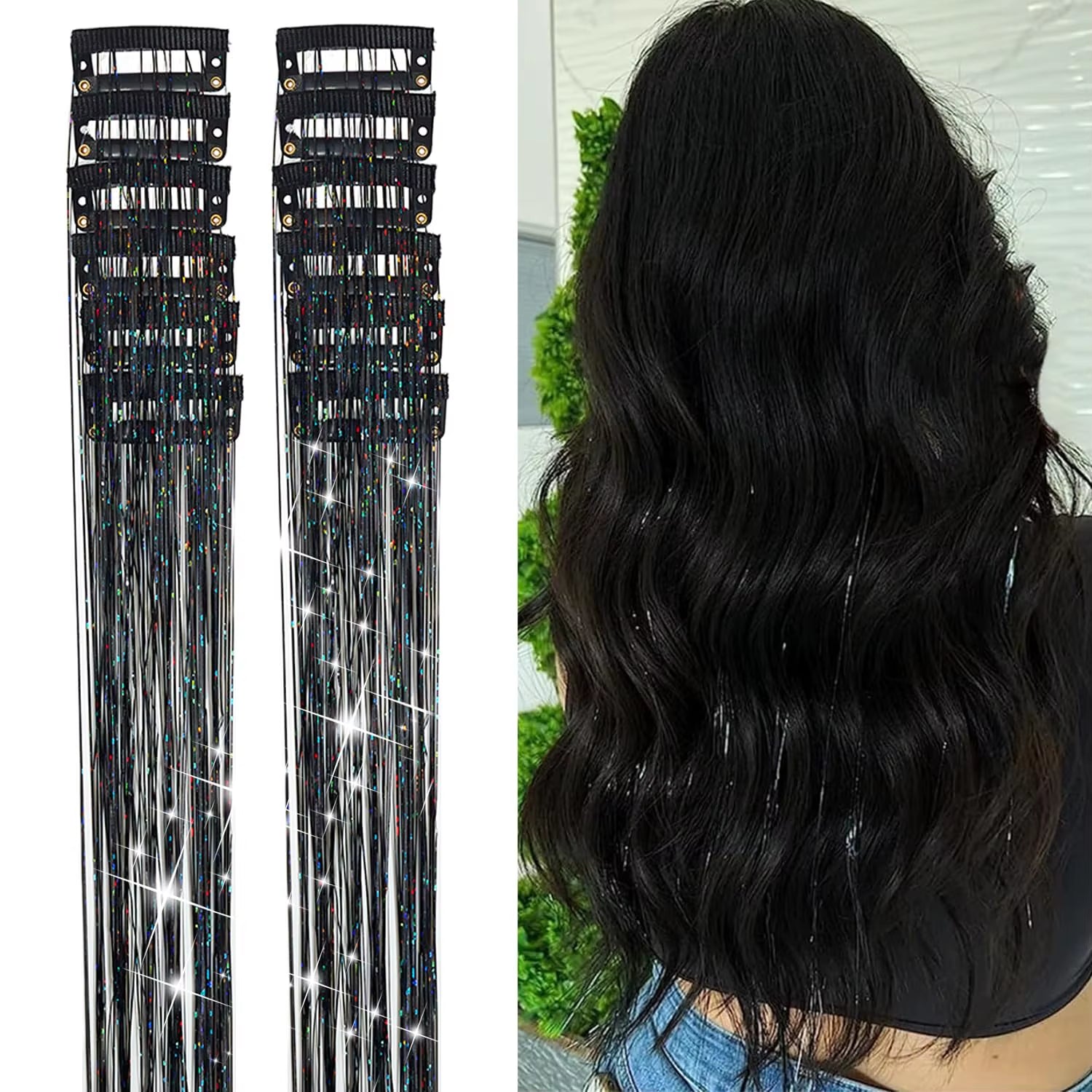 6-Piece Heat-Resistant Glitter Tinsel Hair Clip Set - 23.6 Inch Shiny Synthetic Fairy Hair Extensions