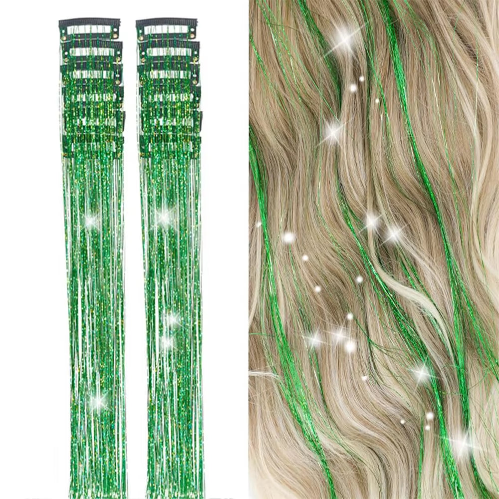 6-Piece Heat-Resistant Glitter Tinsel Hair Clip Set - 23.6 Inch Shiny Synthetic Fairy Hair Extensions