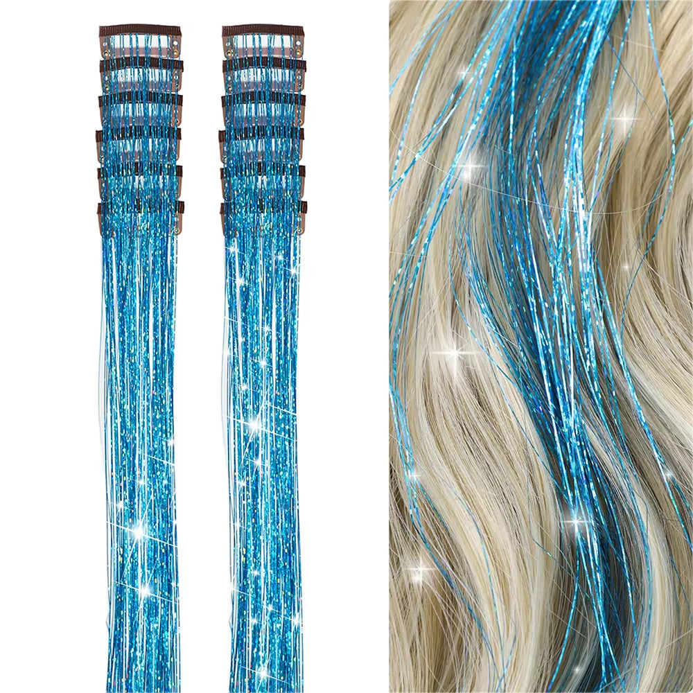 6-Piece Heat-Resistant Glitter Tinsel Hair Clip Set - 23.6 Inch Shiny Synthetic Fairy Hair Extensions