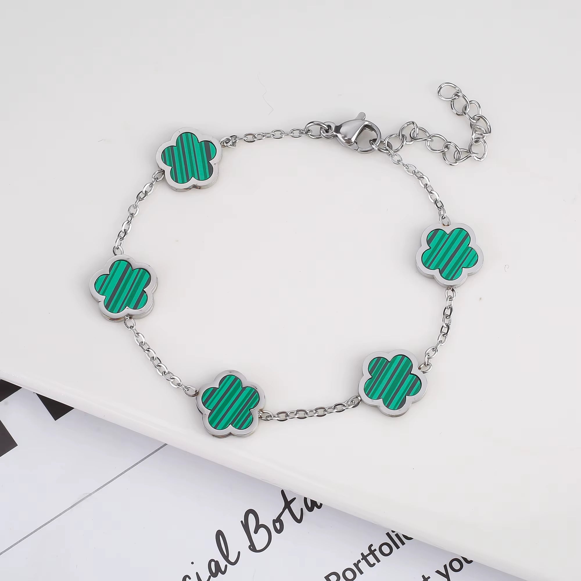 Silver-Plated Stainless Steel Women's Bracelet with Five Leaf Flower Design and Plum Blossom Accents