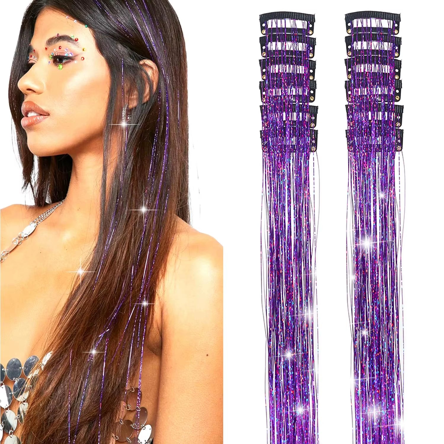 6-Piece Heat-Resistant Glitter Tinsel Hair Clip Set - 23.6 Inch Shiny Synthetic Fairy Hair Extensions