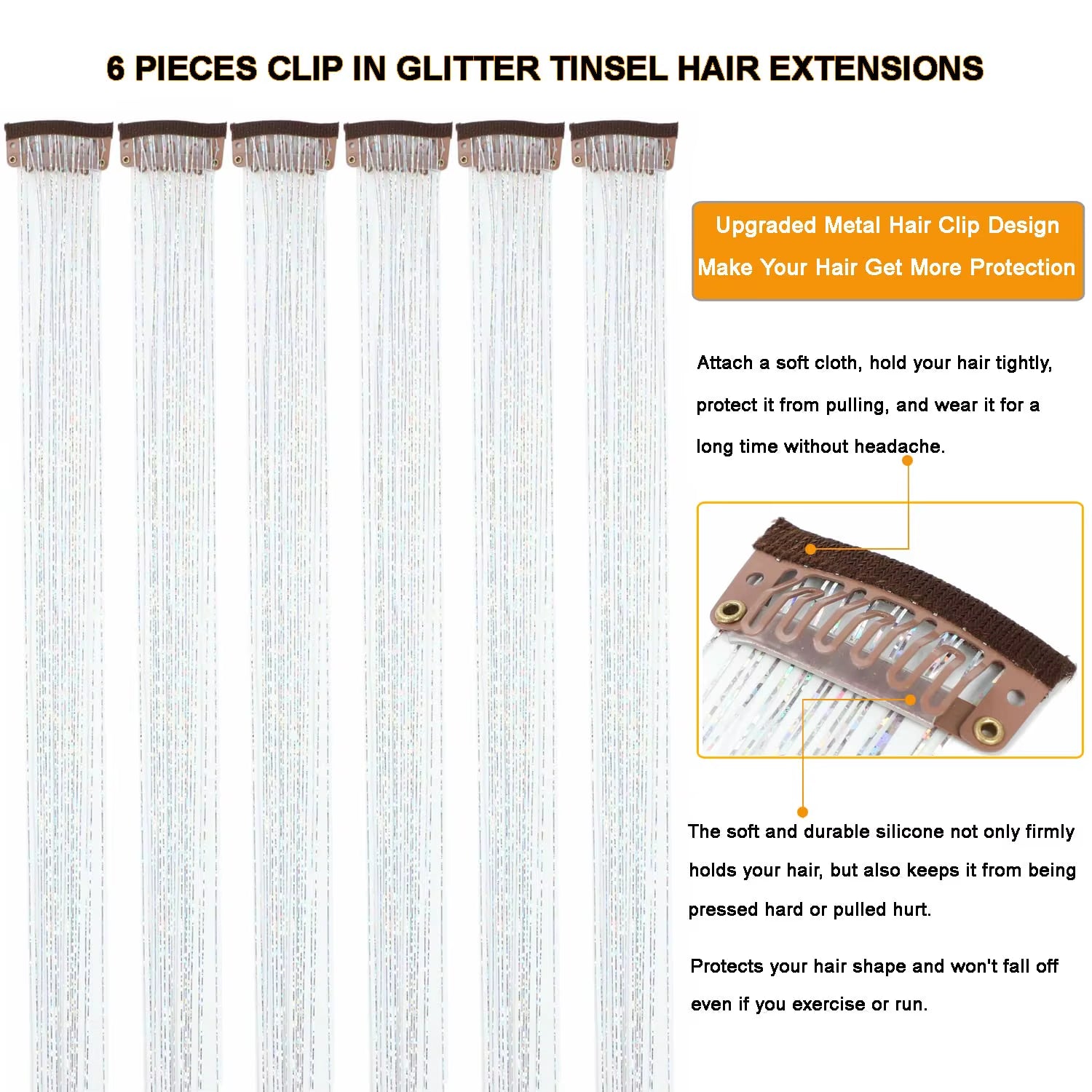 6-Piece Heat-Resistant Glitter Tinsel Hair Clip Set - 23.6 Inch Shiny Synthetic Fairy Hair Extensions