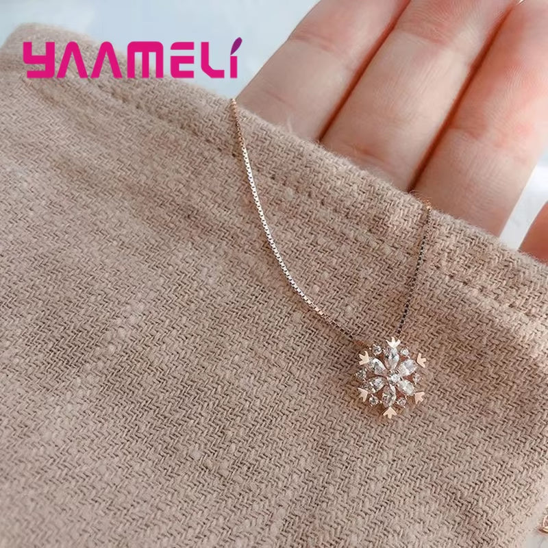 Fine 925 Sterling Silver Pendant Necklaces Shining Snowflake Crystal Zircon Necklace for Women Girls Wedding Party Jewelry Gift