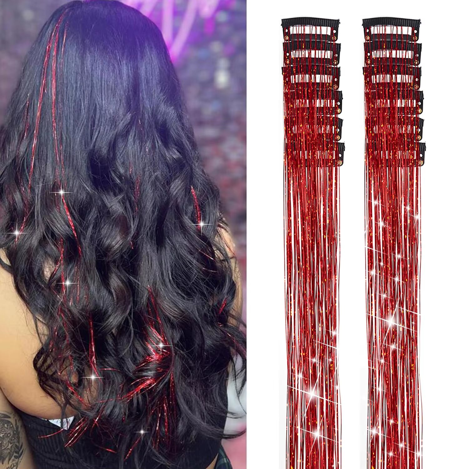 6-Piece Heat-Resistant Glitter Tinsel Hair Clip Set - 23.6 Inch Shiny Synthetic Fairy Hair Extensions