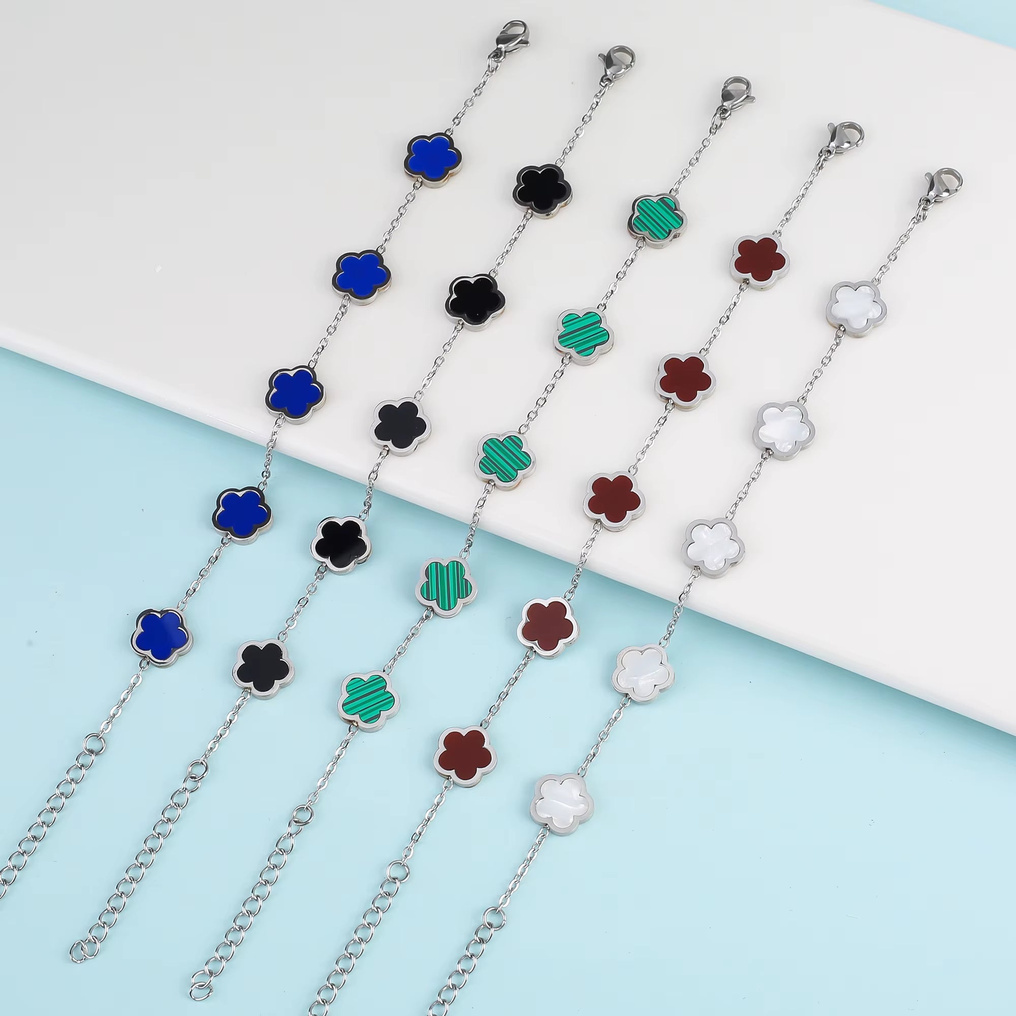 Silver-Plated Stainless Steel Women's Bracelet with Five Leaf Flower Design and Plum Blossom Accents