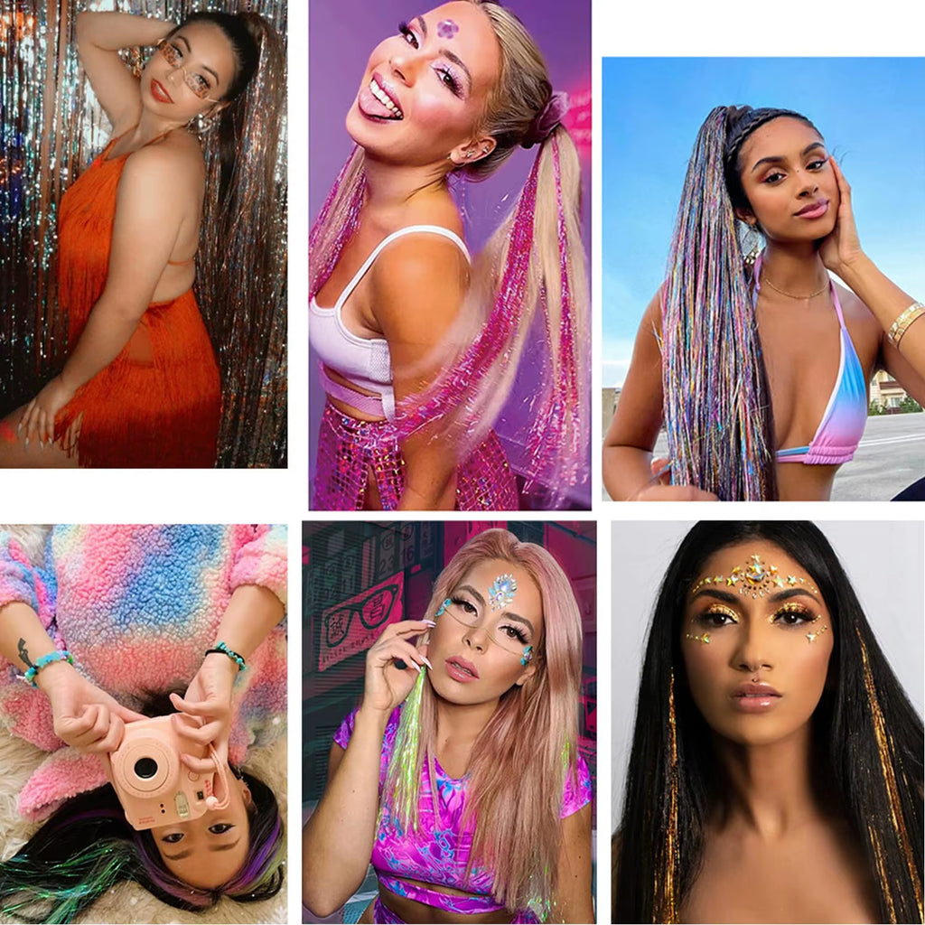 6-Piece Heat-Resistant Glitter Tinsel Hair Clip Set - 23.6 Inch Shiny Synthetic Fairy Hair Extensions