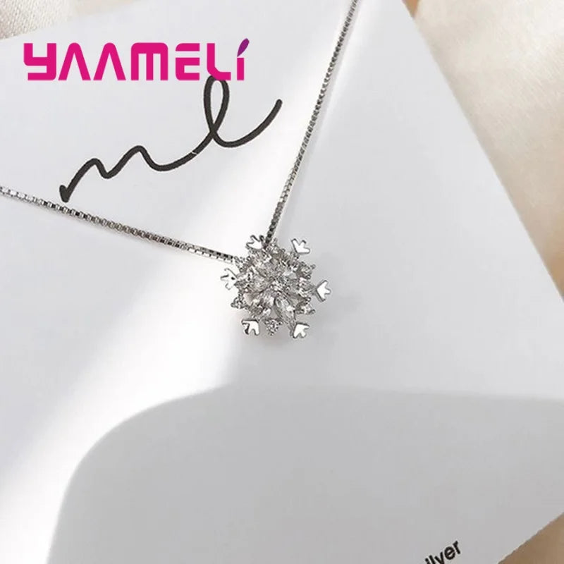 Fine 925 Sterling Silver Pendant Necklaces Shining Snowflake Crystal Zircon Necklace for Women Girls Wedding Party Jewelry Gift