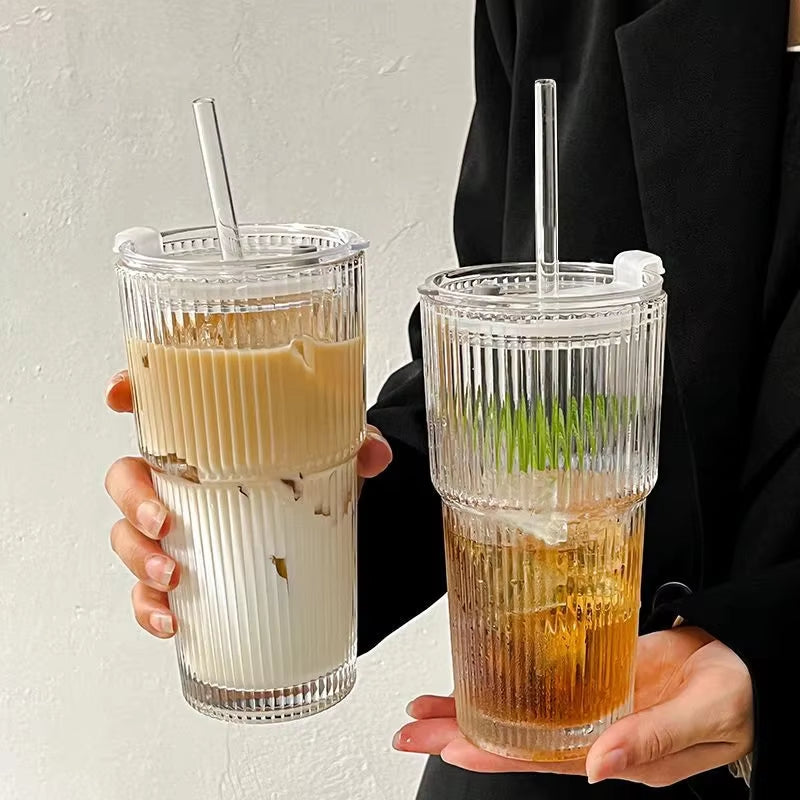 600ML Transparent Stripe Glass Coffee Cup with Lid and Straw 