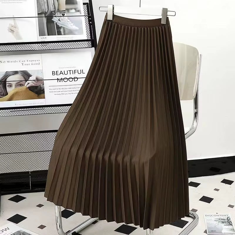 Women's Pleated Midi Skirt - 2023 Autumn Korean Fashion Vintage A-Line Design