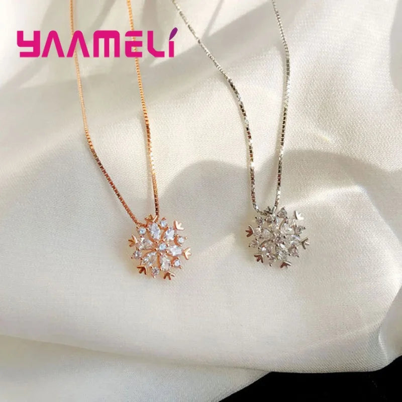 Fine 925 Sterling Silver Pendant Necklaces Shining Snowflake Crystal Zircon Necklace for Women Girls Wedding Party Jewelry Gift