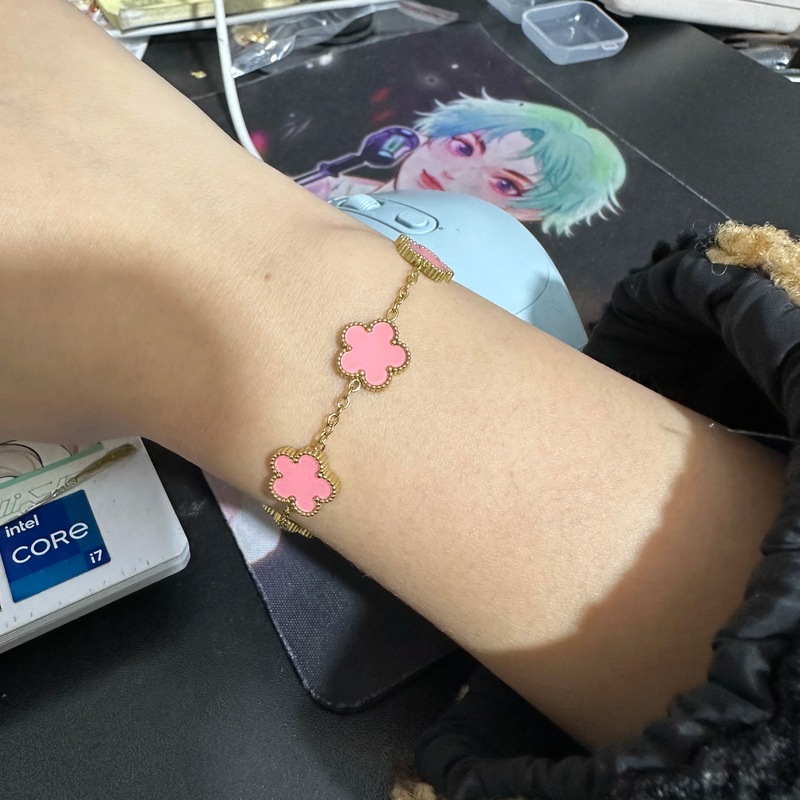 Silver-Plated Stainless Steel Women's Bracelet with Five Leaf Flower Design and Plum Blossom Accents