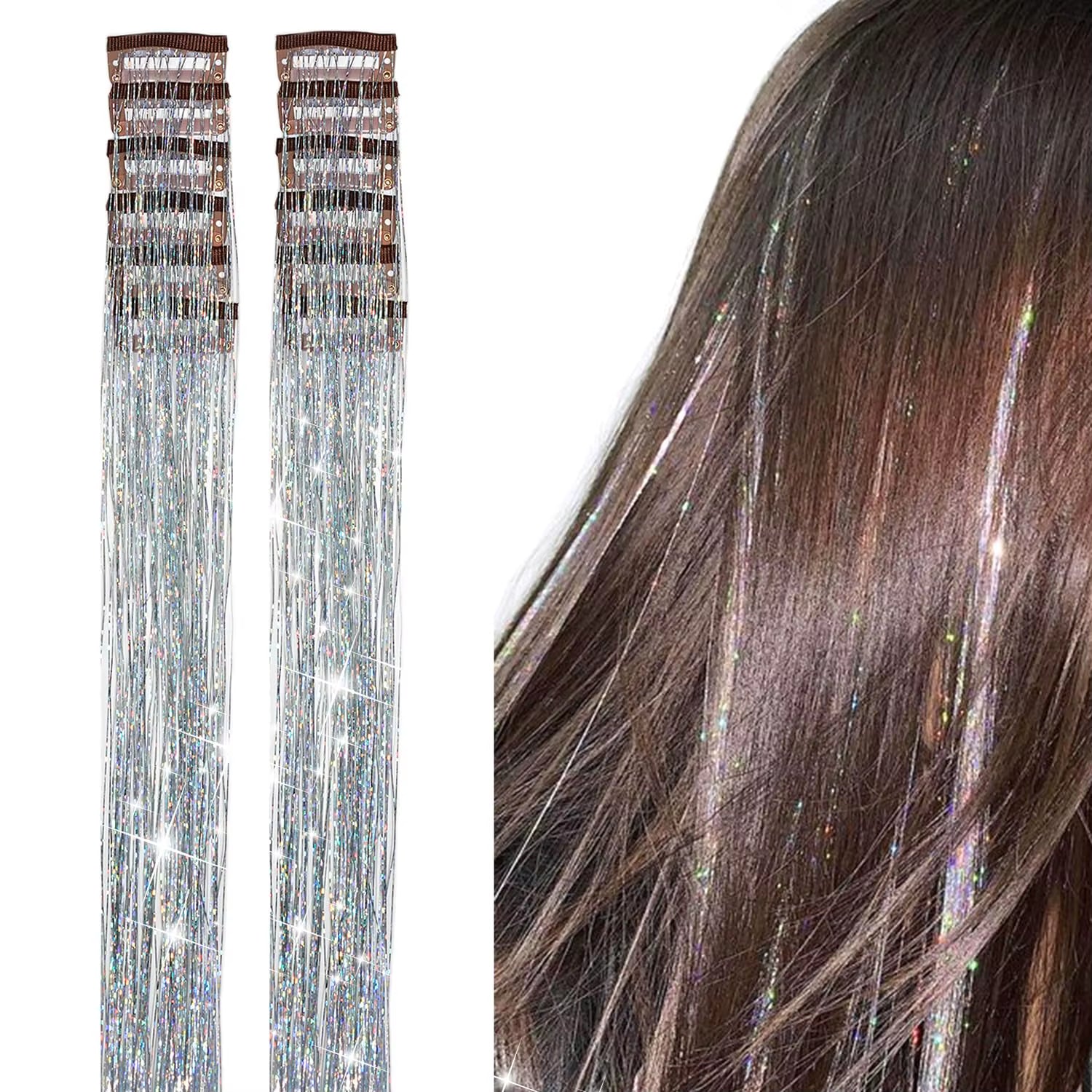 6-Piece Heat-Resistant Glitter Tinsel Hair Clip Set - 23.6 Inch Shiny Synthetic Fairy Hair Extensions