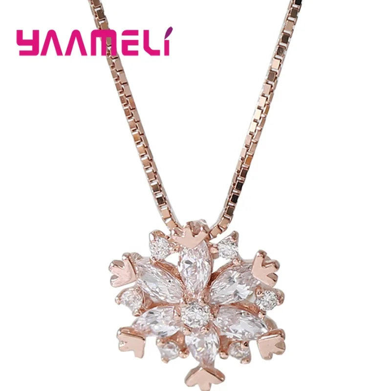 Fine 925 Sterling Silver Pendant Necklaces Shining Snowflake Crystal Zircon Necklace for Women Girls Wedding Party Jewelry Gift