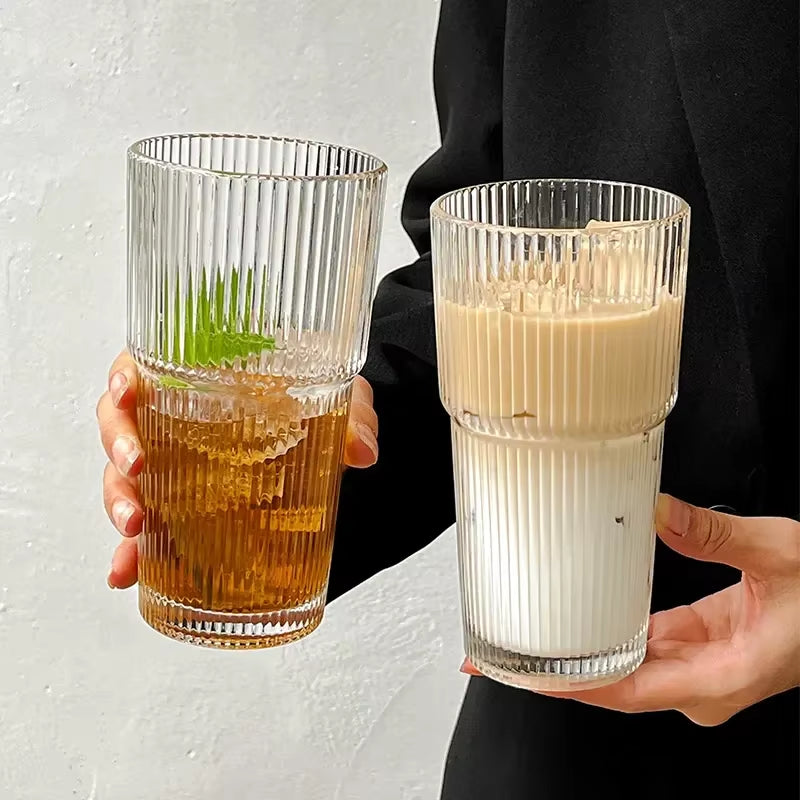 600ML Transparent Stripe Glass Coffee Cup with Lid and Straw 