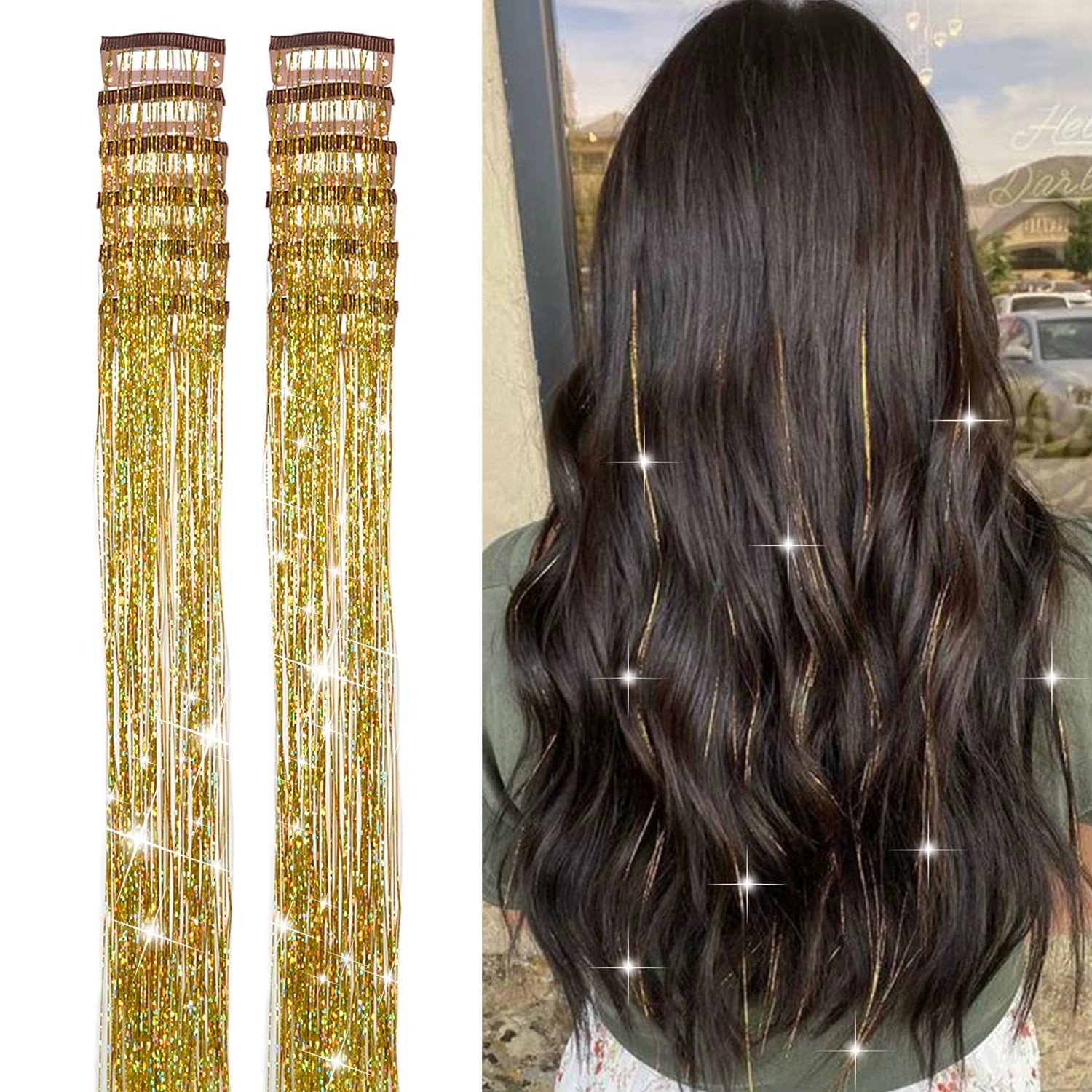 6-Piece Heat-Resistant Glitter Tinsel Hair Clip Set - 23.6 Inch Shiny Synthetic Fairy Hair Extensions