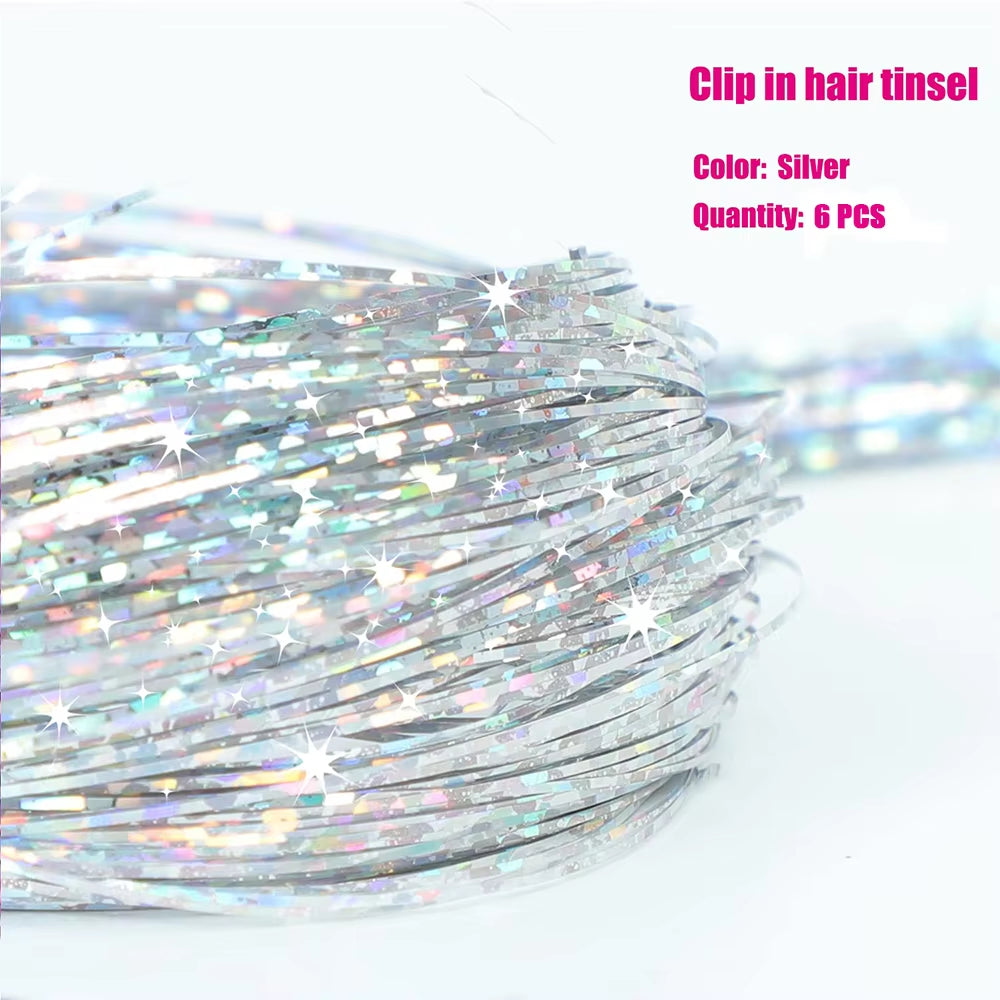 6-Piece Heat-Resistant Glitter Tinsel Hair Clip Set - 23.6 Inch Shiny Synthetic Fairy Hair Extensions