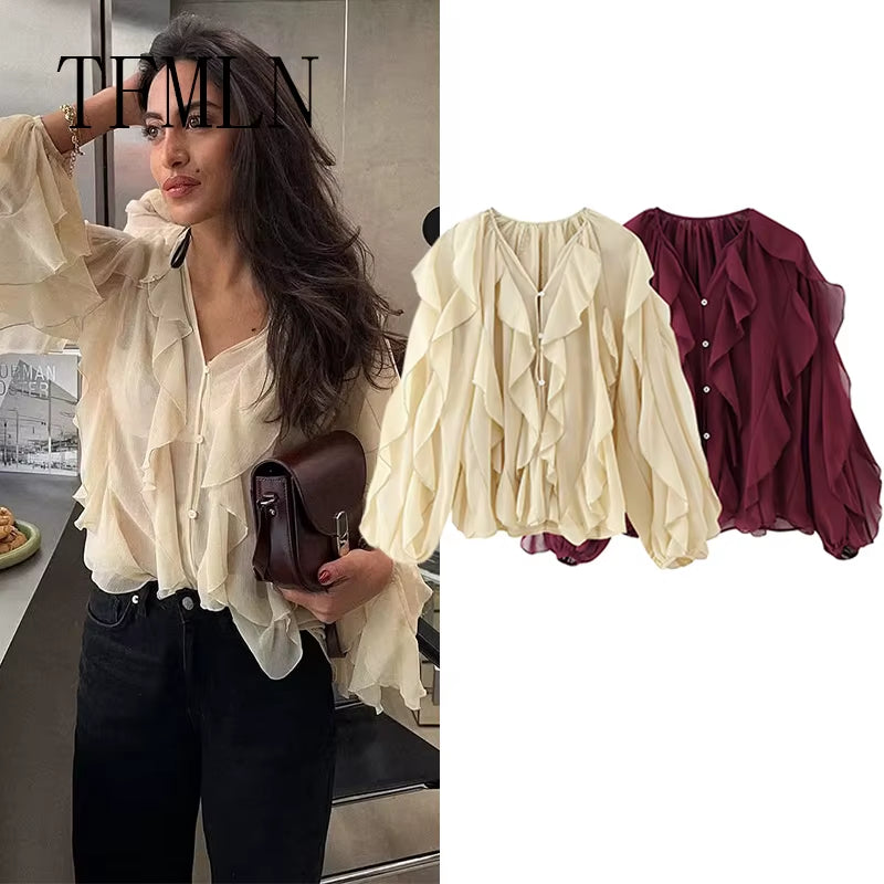 Elevate Your Spring/Summer Wardrobe with the TFMLN Women's Ruffle Blouse - Trendy Single Breasted Tiered Top Perfect for Beach Days!