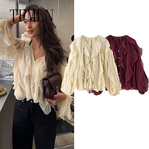 Elevate Your Spring/Summer Wardrobe with the TFMLN Women's Ruffle Blouse - Trendy Single Breasted Tiered Top Perfect for Beach Days!