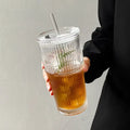600ML Transparent Stripe Glass Coffee Cup with Lid and Straw 