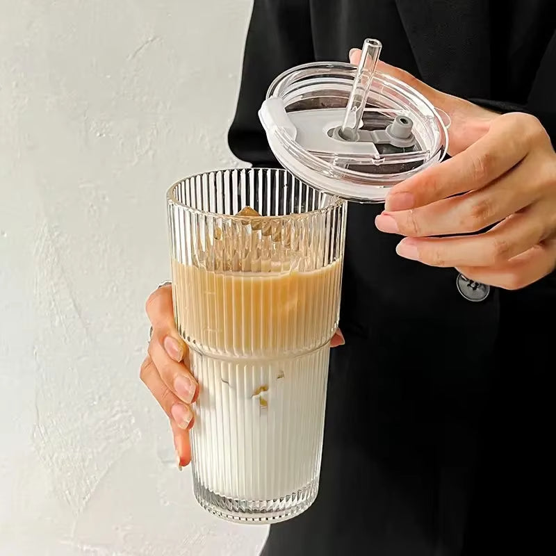 600ML Transparent Stripe Glass Coffee Cup with Lid and Straw 